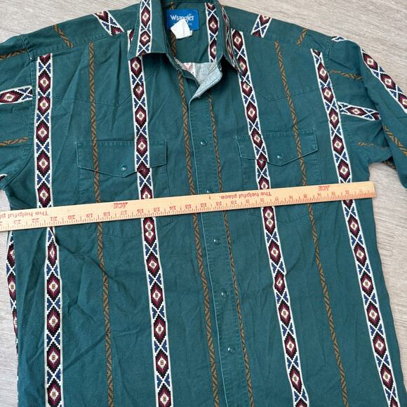 Vintage 90s Wrangler Aztec Pearl Snap Button Up Shirt Mens XL Tall Green Striped - Picture 2 of 5